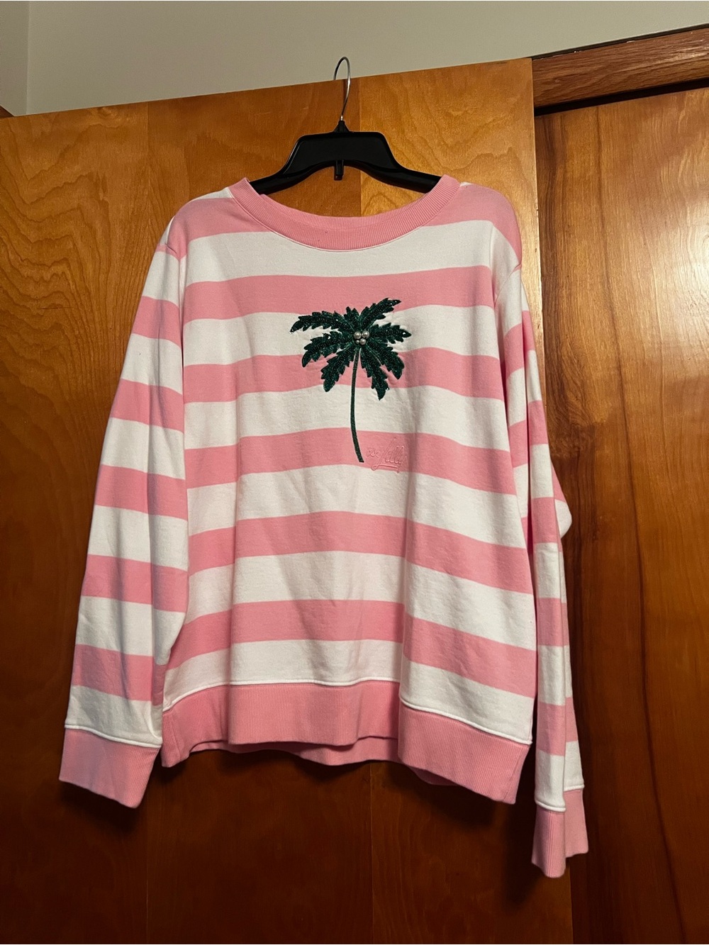 Lilly Pulitzer Pink and White Striped Sweater with Green Palm Appliqué